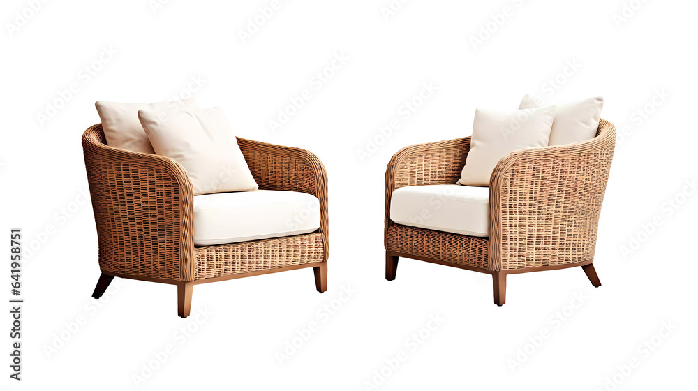 Set of scandinavian outdoor garden rattan couches armchairs on transparent background. Generative ai design png concept. - obrazy, fototapety, plakaty 