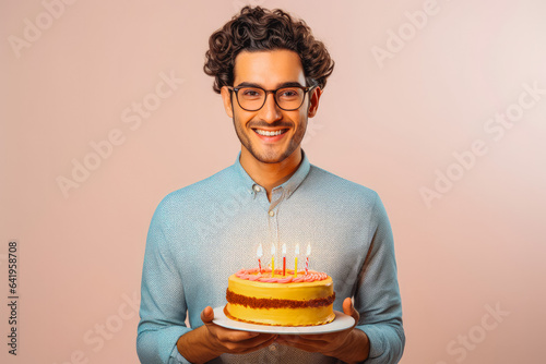 Happy young adult white man with birthday cake on studio background. Smiling man holding birthday cake. Generative AI