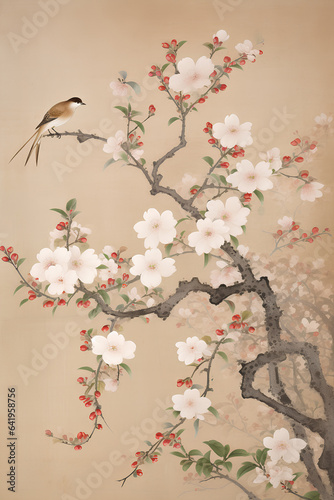 the frame is decorated with flowers and birds, in the style of handscroll, subtle color variations, dark beige and pink, high resolution, whitewashed narratives, japanese, smooth brushwork photo