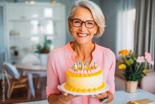 Happy adult caucasian woman with birthday cake. Smiling older woman holding birthday cake. Generative AI