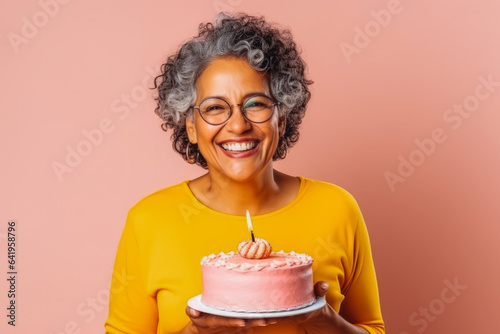 Happy adult latino woman with birthday cake on studio background. Smiling woman holding birthday cake. Generative AI