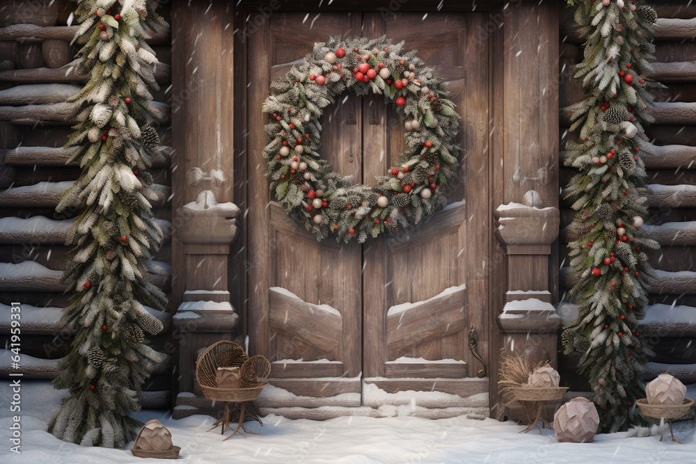 A rustic wooden door adorned with a homemade wreath made of pinecones, berries, and ribbons,  freshly fallen snow - Christmas theme