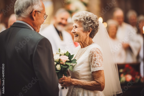 Older bride and groom at altar at wedding. Happy couple excited smile for wedding, happiness and marriage. Generative AI