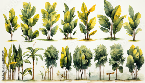 Abstract hand drawn tropical plants landscape art background. Green  gold  hand drawn art  modern art.