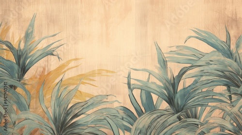 vintage style art painted tropical leaves on a textured shabby background wall mural in the interior  Generative AI