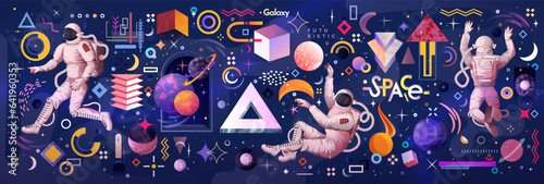 Space stars and planets. Astronaut in spacesuit. Geometric shapes. Galaxy future technology. Psychedelic astronomy. Futuristic spaceman. Universe explorer. Vector exact illustration