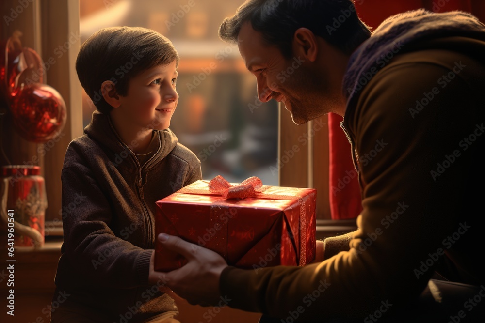 An adult handing a beautifully wrapped gift to an eager child, capturing the child's infectious excitement from an intimate point of view, Christmas theme - obrazy, fototapety, plakaty 