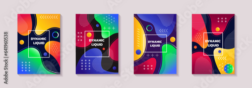 Shape patterns. Geometric color design. Liquid graphic gradient. Creative fluid cool bubbles. Bright flat spots. Dots and simple icons. Abstract splash. Vector Memphis tidy posters set
