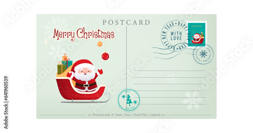 Template of an old Christmas envelope with the image of Santa.Retro style Christmas greeting card with rubber seal, stamp.Vector illustration in cartoon,retro style