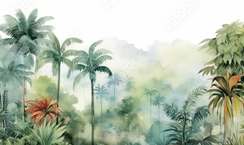 Tall tropical trees wall mural painted art  watercolor art style wallpaper background. Generative AI