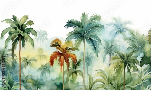 Tall tropical trees wall mural painted art  watercolor art style wallpaper background. Generative AI