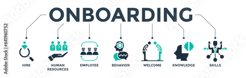 Onboarding banner web icon vector illustration concept for human resources business industry to introduce newly hired employees into an organization with behavior, welcome, knowledge, and skills icon