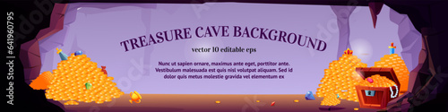 Treasure cave. Wooden chest full of gold money. Precious gems and golden coins heaps. Stone cavern. Ancient crown and jewels. Wealth trove in rock. Horizontal banner. Vector background