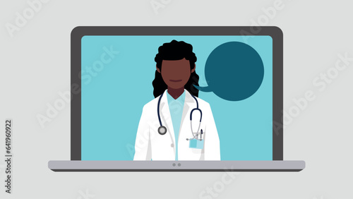 A doctor looks at us directly, she wears a stethoscope around her neck on a laptop screen