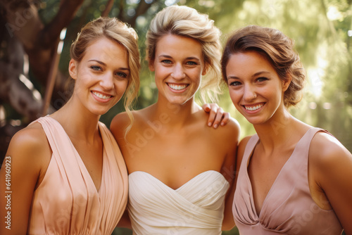 Bridesmaids at wedding. Happy friends excited smile for wedding, happiness and marriage. Generative AI