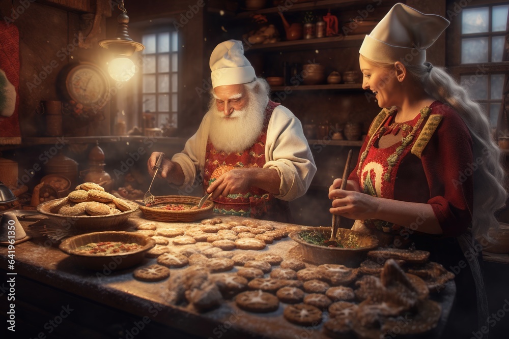 Santa and Mrs. Claus baking gingerbread cookies in a cozy kitchen - Christmas baking theme