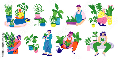 Home garden. Happy people care plants. Houseplants in pots. Men and women planting cactus, ficus or tropical greenery. Indoor hobby. Cozy interior. Vector cartoon flat isolated illustration