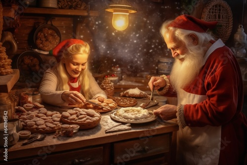 Santa and Mrs. Claus baking gingerbread cookies in a cozy kitchen - Christmas baking theme