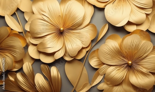 Golden floral background, gold flowers, 4k abstract vintage flower design, mural art, gold luxury, luxurious nature, 3D illustration, 3D render, Generative AI