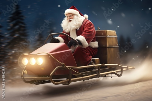 Santa Claus speeding on his electric sleigh, emphasizing an eco-friendly and sustainable approach to his gift deliveries