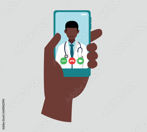 A doctor looks at us directly, he wears a stethoscope around his neck on a smartphone screen