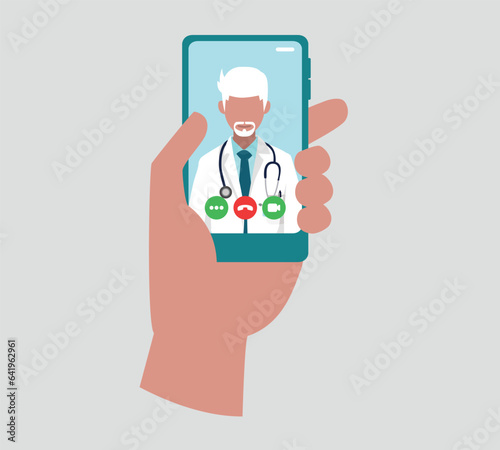 A doctor looks at us directly, he wears a stethoscope around his neck on a smartphone screen