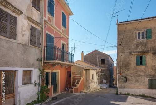 Picturesque street in Valaneio village, Corfu, Greece