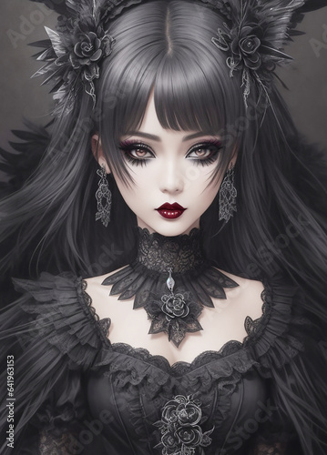 Kawaii Modern Gothic Fashion, Young Japanese Girls, manga, a fictional person, illustration art, Generative AI