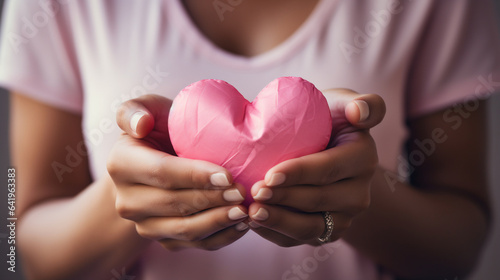 Closeup of woman holding pink paper heart in hands