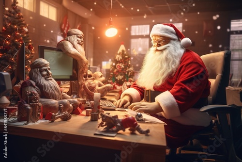 Santa Claus using modern technology laptop, online shopping, juxtaposed against the traditional setting of the North Pole workshop