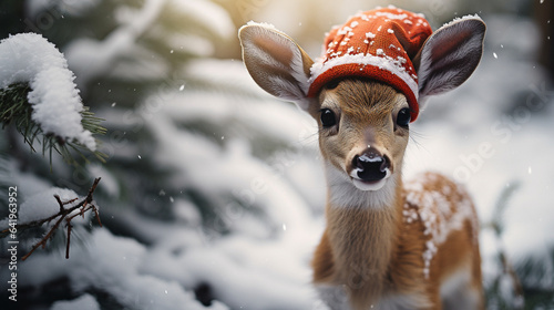 christmas deer wearing a santa clause hat