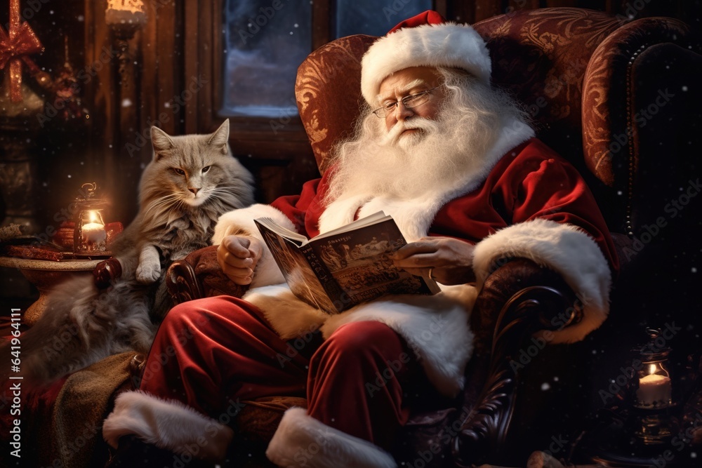 Santa Claus relaxing in an armchair with a large book,  with a cat purring beside him - Christmas relaxation theme