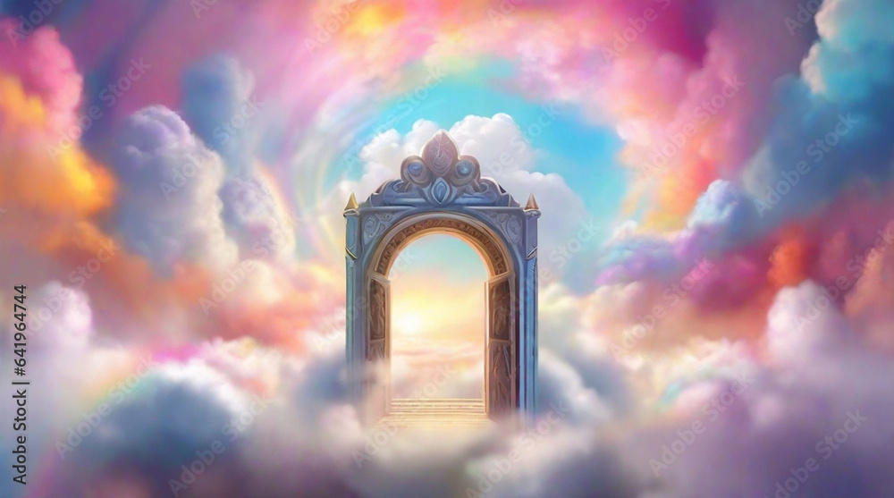 Gate to heaven with rainbow and clouds. 3d render. Fantasy landscape. - obrazy, fototapety, plakaty 
