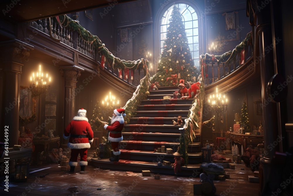 Santa Claus sneaking gifts under a brightly lit Christmas tree, with children secretly watching from the stairs
