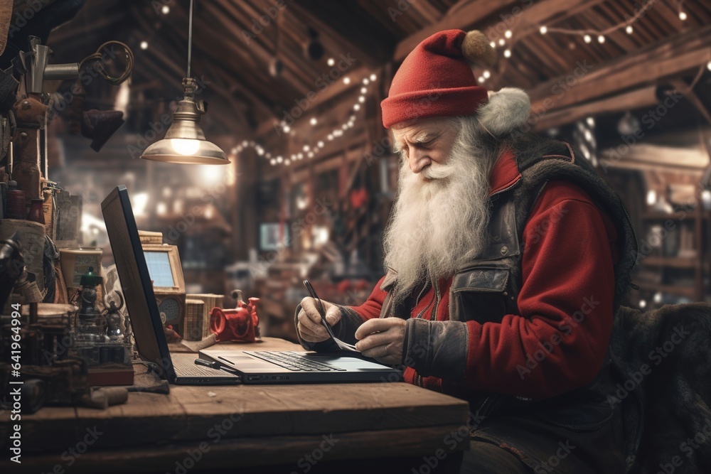 Santa Claus using modern technology laptop, online shopping, juxtaposed against the traditional setting of the North Pole workshop