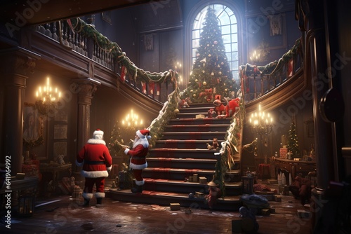 Santa Claus sneaking gifts under a brightly lit Christmas tree, with children secretly watching from the stairs