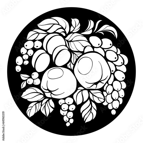 Vector round fruit monochrome hand drawn ornament. White fruits on black background.