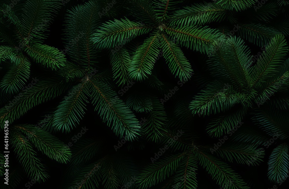 Natural fir tree branches texture. Dark green Christmas moody background. Winter pattern for Xmas decorations, ornament, noel cards. December festive backdrop, copy space