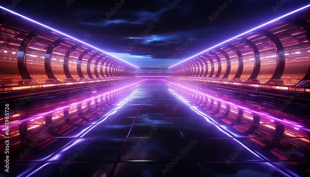 Corridor Empty Room With Purple And Blue Neon Glowing Lights Hexagon Background 3D Illustration