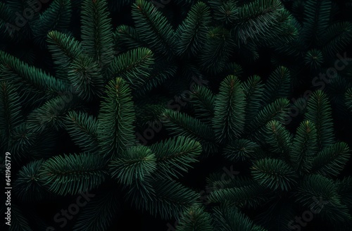 Beautiful Christmas Background with green fir tree brunch close up. Copy space, trendy moody dark toned design for seasonal quotes. Vintage December wallpaper. Natural winter holiday forest backdrop © Aleksandra Konoplya