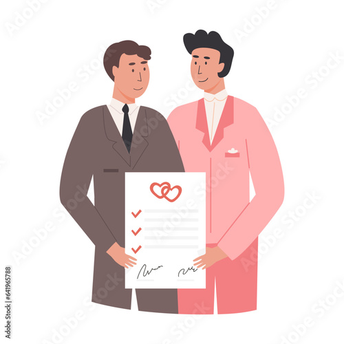 A cute male couple in suit holding signed marriage certificate. Happy married gay men with prenup document. Newlywed LGBTQ husbands. Romantic same sex marriage of love partners. Vector illustration.