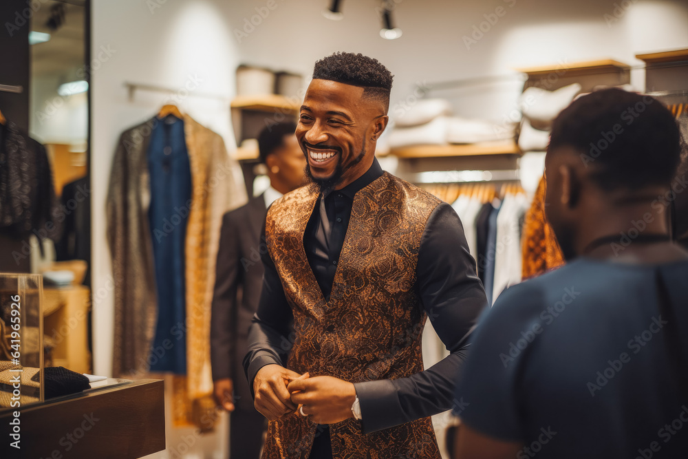 © Katrin Kovac - African man trying on suit for wedding. Happy groom excited smile for wedding, happiness and marriage. Generative AI © Katrin Kovac - African man trying on suit for wedding. Happy groom excited smile for wedding, happiness and marriage. Generative AI