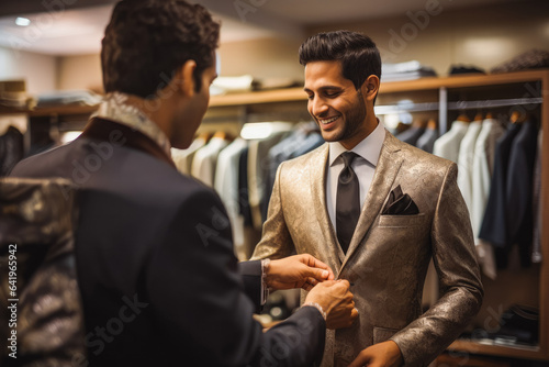 Indian man trying on suit for wedding. Happy groom excited smile for wedding, happiness and marriage. Generative AI