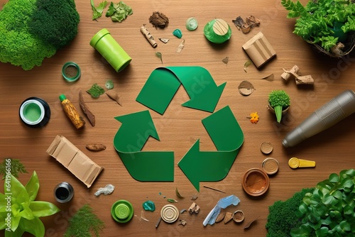 symbol material background green container sigh reusing eco symbol top environment view reduction Eco save waste concept environmental plastic pollution garbage rec table recycling consumer concept