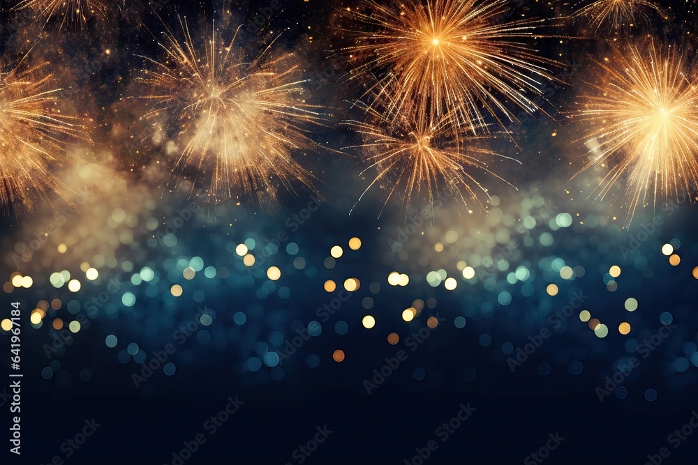 Fototapeta premium bokeh abstract New card 2017 bright copy banner Fireworks colo Year background eve holiday Gold 2018 Abstract dark art colours background celebration space christmas bokeh blue anniversary celebrate