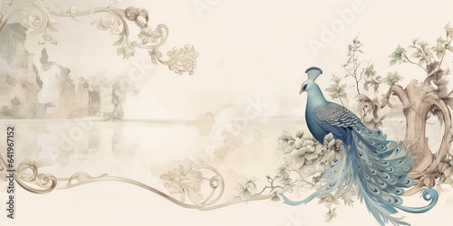 Wall mural, wallpaper, in the style of classic, baroque, modern, rococo. Wall mural with peacocks and patterned background. Light, delicate photo wallpaper, Generative AI © Visual Wonders