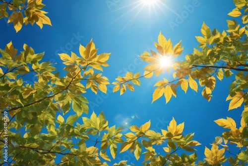 leaves against blue sky with bright sunshine, sunny sky background, sun and leaves wallpaper, natural background, AI Generative