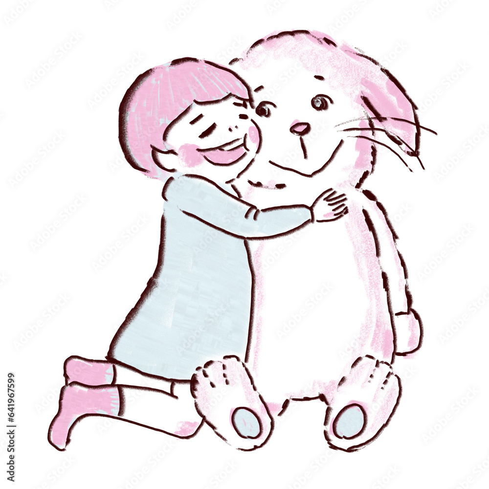 大きなウサギのぬいぐるみに抱きつく子ども 大きなウサギのぬいぐるみに抱きつく子ども