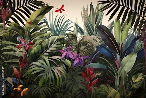 Tropical plants wallpaper design, Jungle background, big leaf and bird, back yard, landscape, mural art, Generative AI