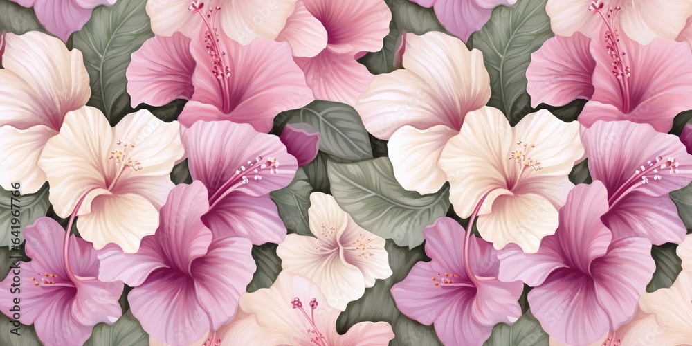 Hibiscus floral background, seamless pattern, luxury wallpaper. Tropical green leaves, delicate romantic flowers, pink, beige, purple, white gypsophila. Watercolor 3d illustration, Generative AI